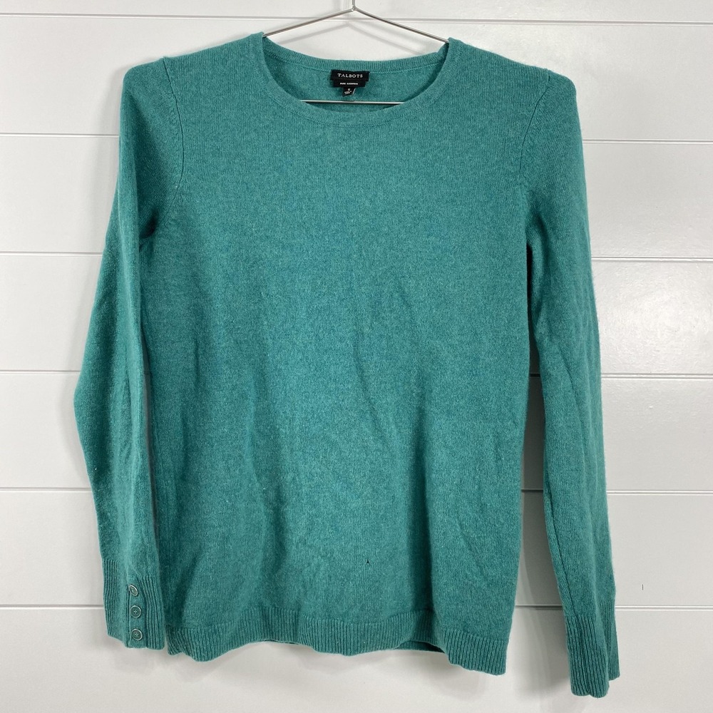 Talbots Sweater Womens Small Green Pullover 100% Cashmere Solid Button Cuff FLAW